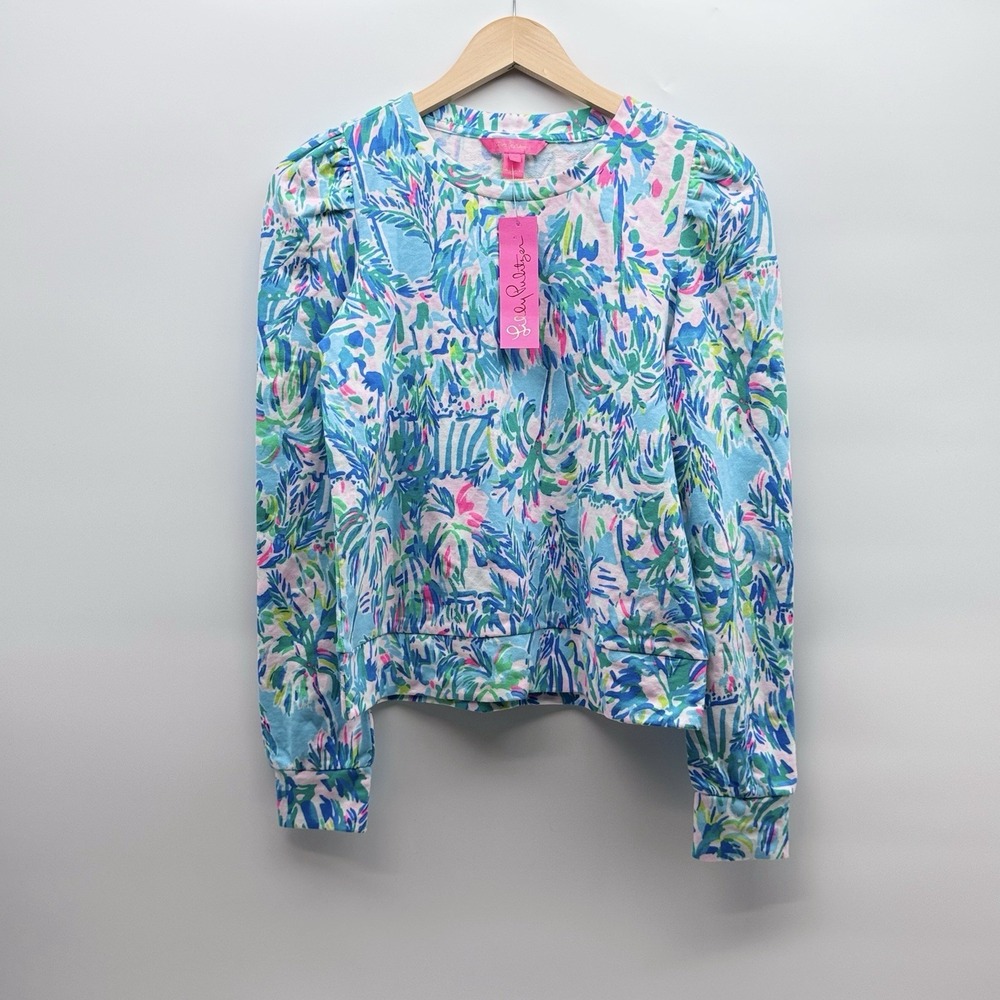 Lilly Pulitzer Jansen Long Sleeve Women XS Sweatshirt Blue Ibiza Cabana Cocktail
